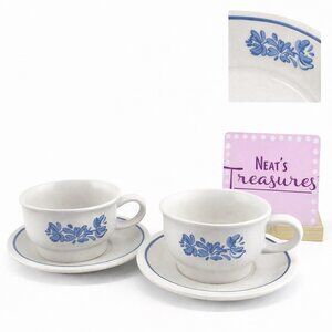 Pfaltzgraff YORKTOWNE Gray Stoneware Blue Handled Flat Bottom Cup  Saucer Set 2